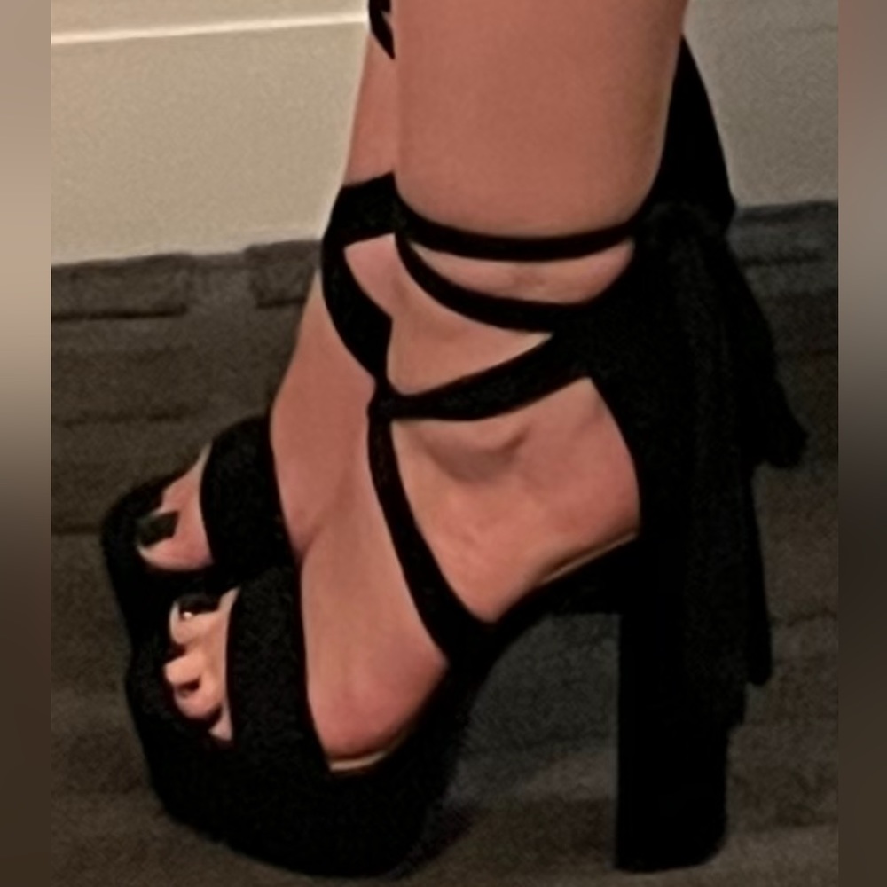 Nasty Gal black open toe platform suede wrap heels